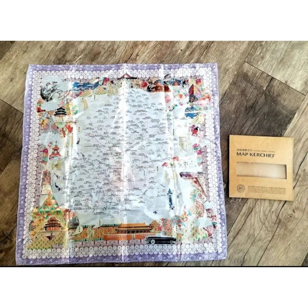 Rare Viesca Map Kerchief Scarf Beijing China Purple Edge